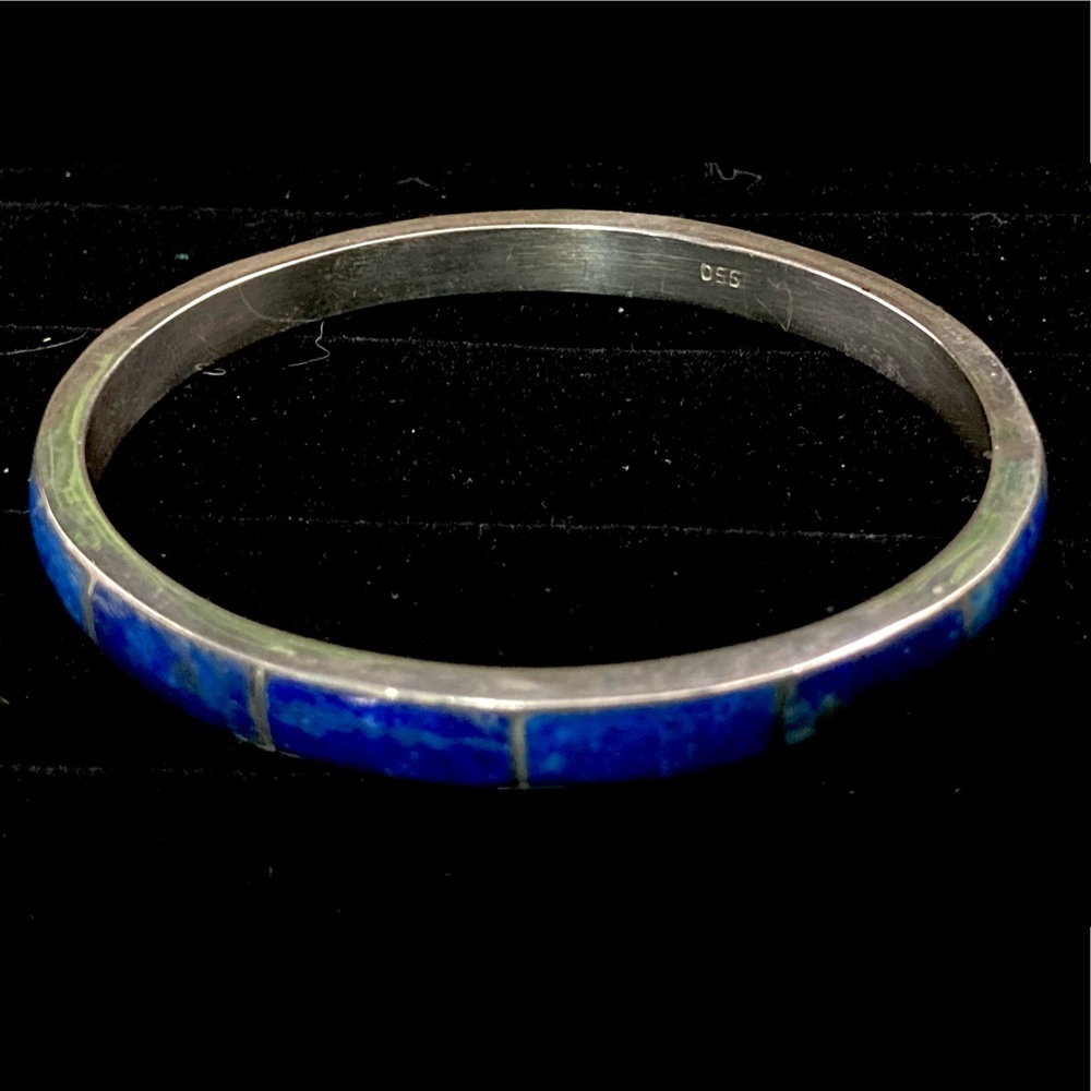 Vintage Native American Sterling Silver & Lapis Inlay Cuff Bracelet - Picture 2 of 10